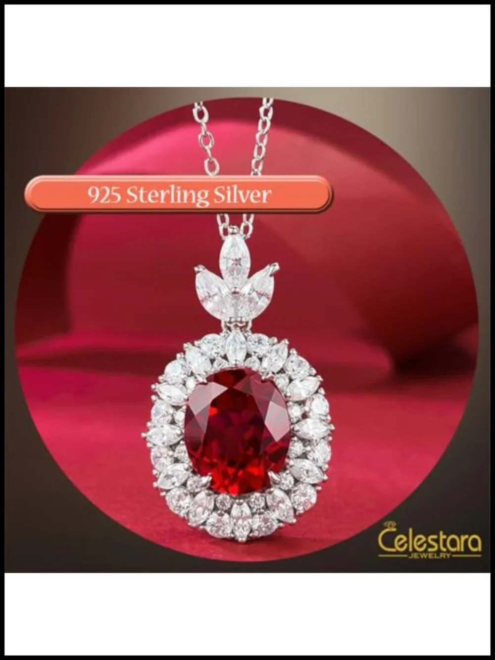 Platinum-Coated 925 Sterling Silver Pendant Necklace with Simulated Ruby